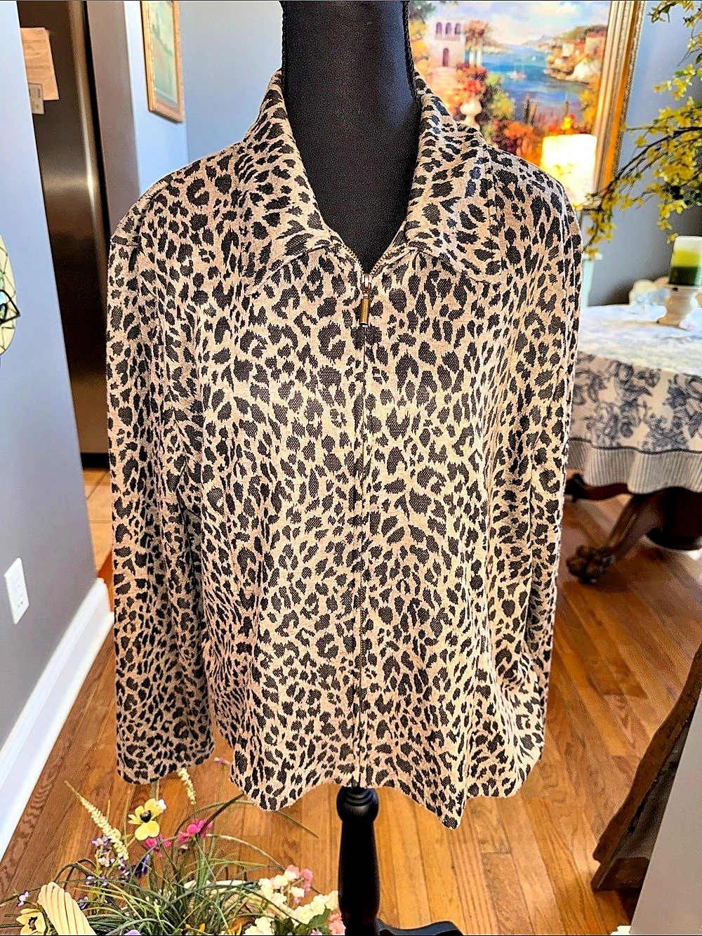 RL Richard Leopard Print Zip Front Top
